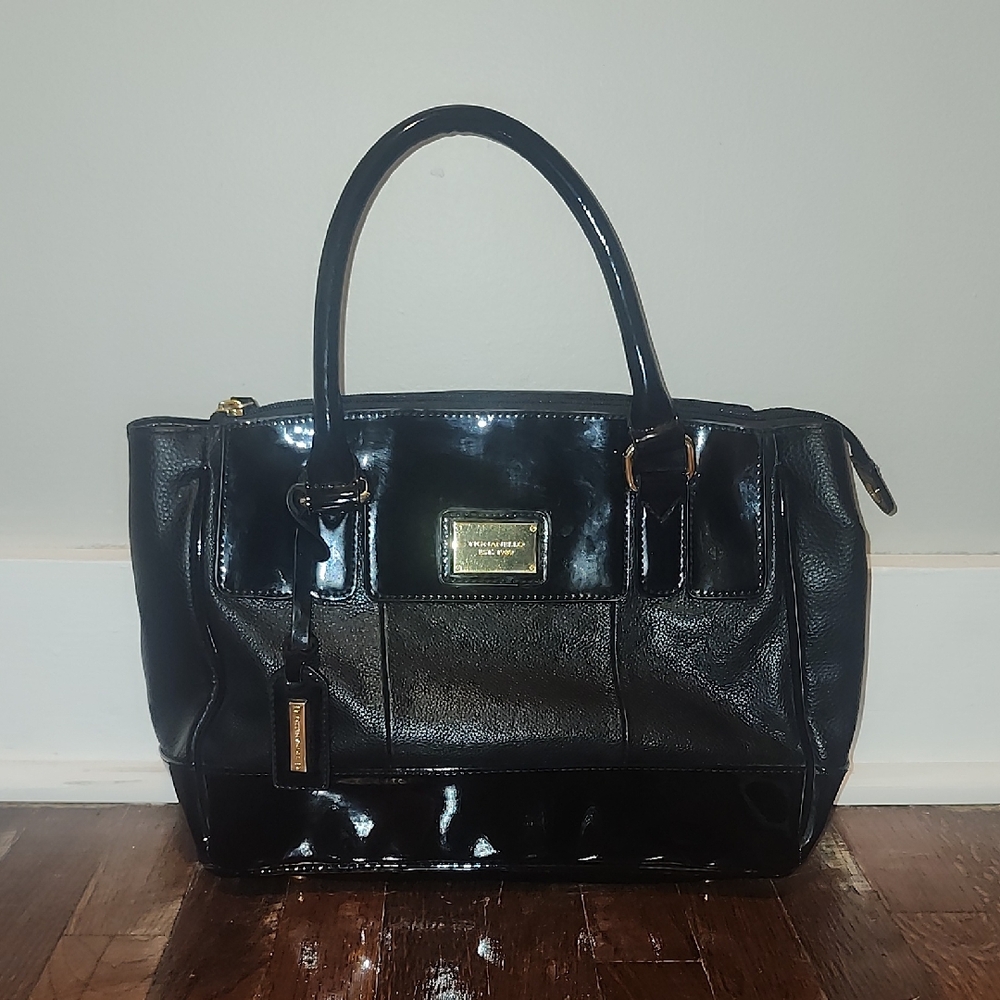 Tignanello Large Black Pebbled Leather Satchel with Patent Leather Accents